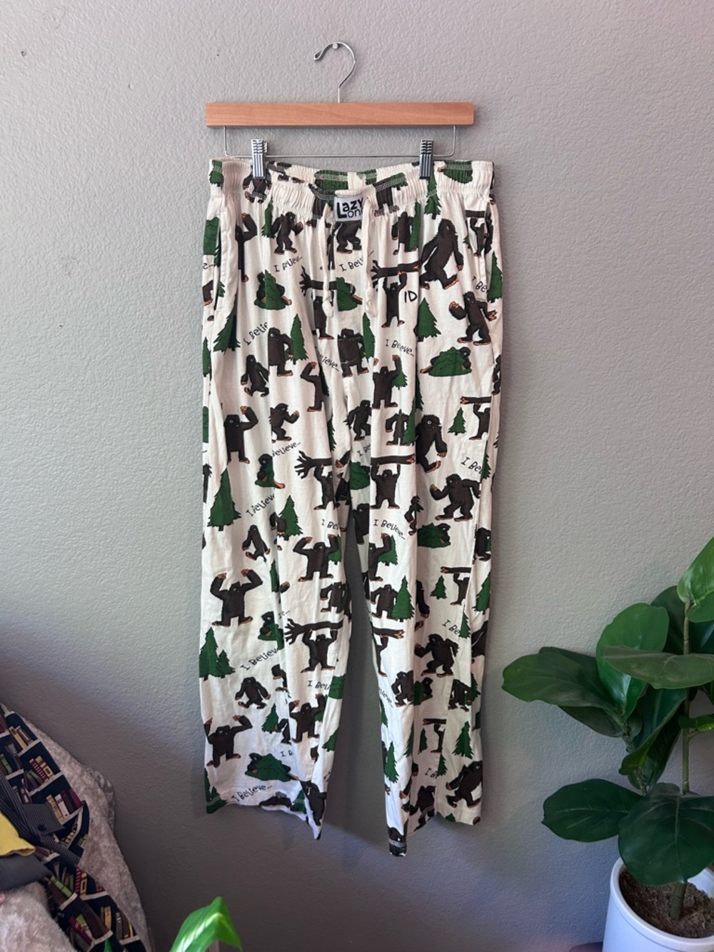 Lazy One Men’s Cream Bigfoot & Tree Print Pajama Pants Silly Goofy PJs
